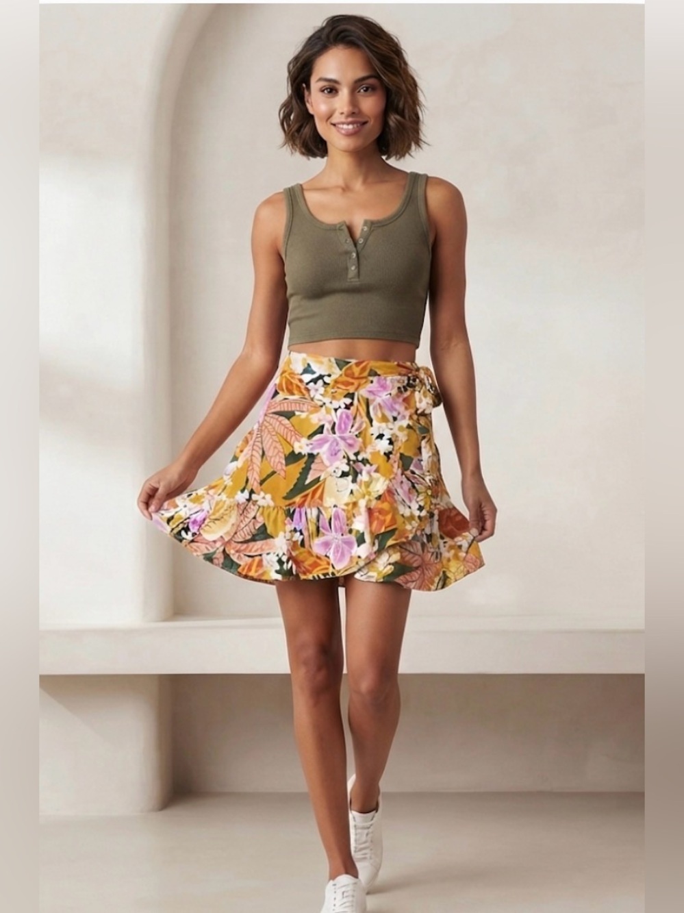 Aerie Linen Wrap Floral Mini Skirt Tie Front Casual #8054